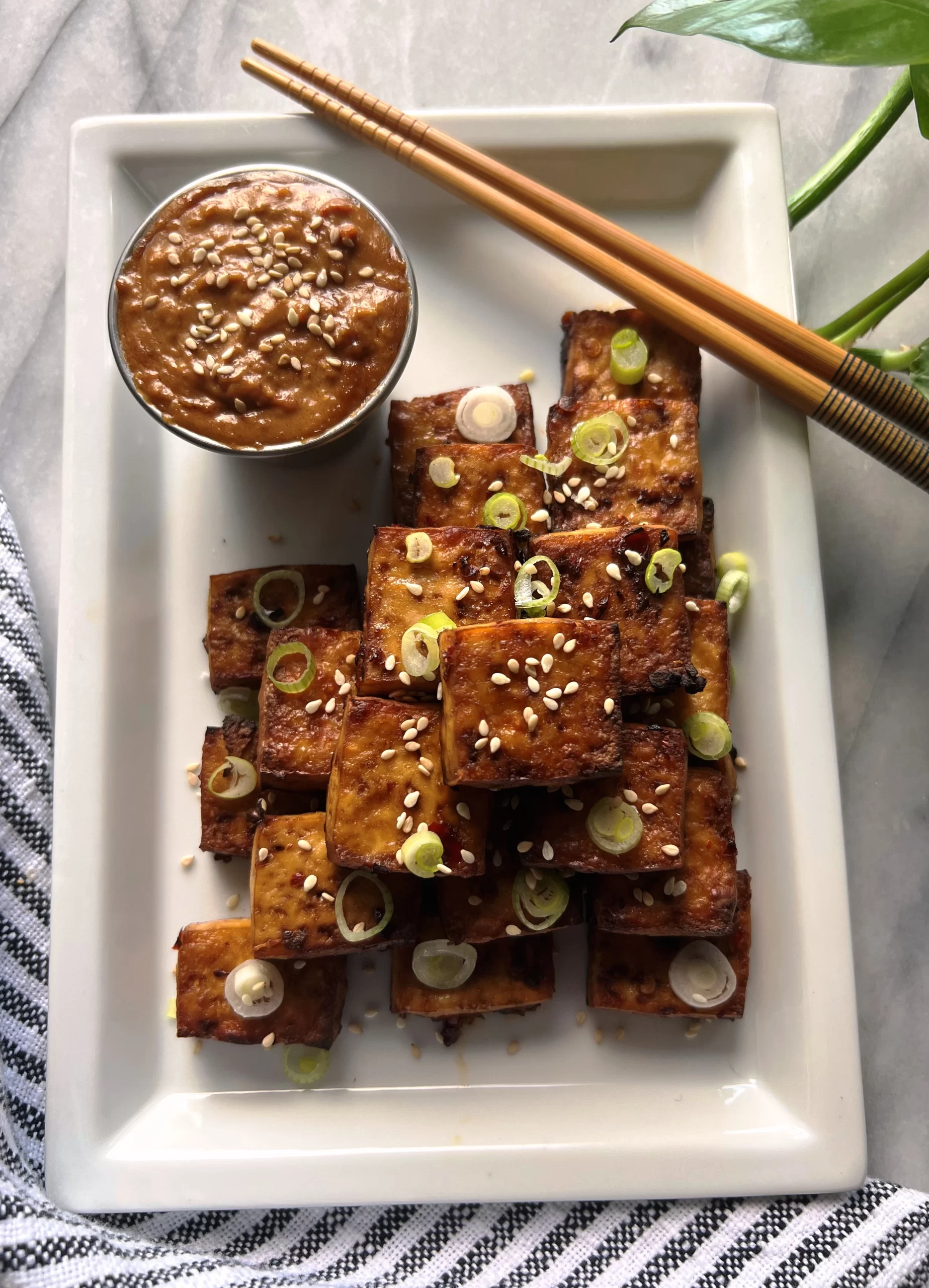 Crispy Air Fryer Tofu Recipe with Spicy Peanut Sauce